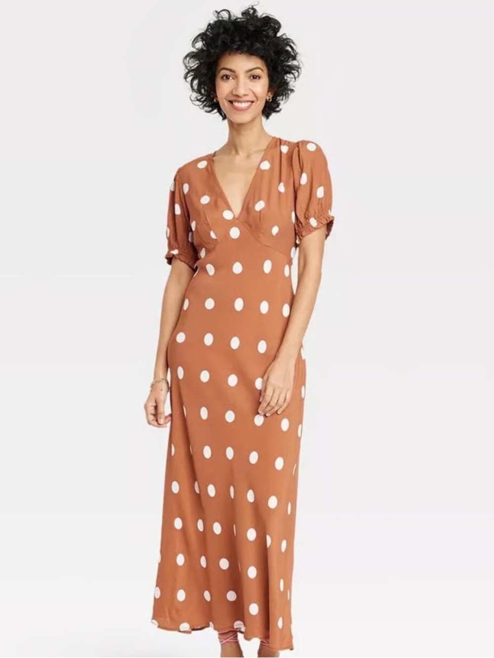 a new day Rust Polka Dot V-Neck Maxi Dress size Large